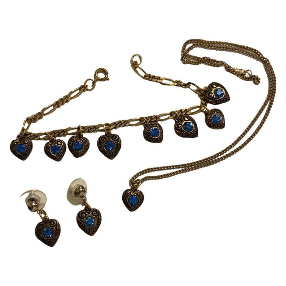 Blue Dangled Hearts Jewelry Set Bracelet, Earrings & Pendent